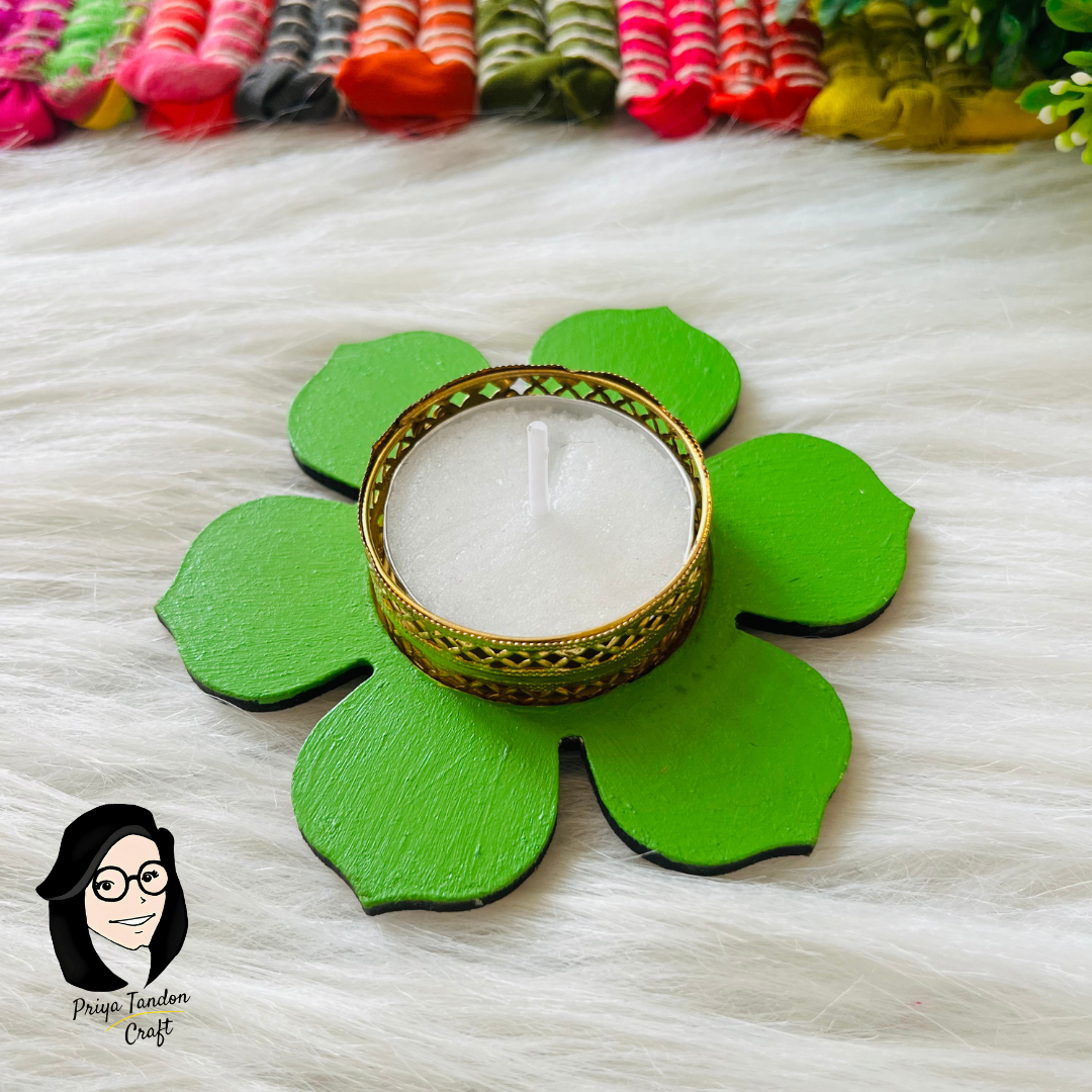 Handcrafted Tea Light Candle Holders (Set of 3) - Green Flower Design