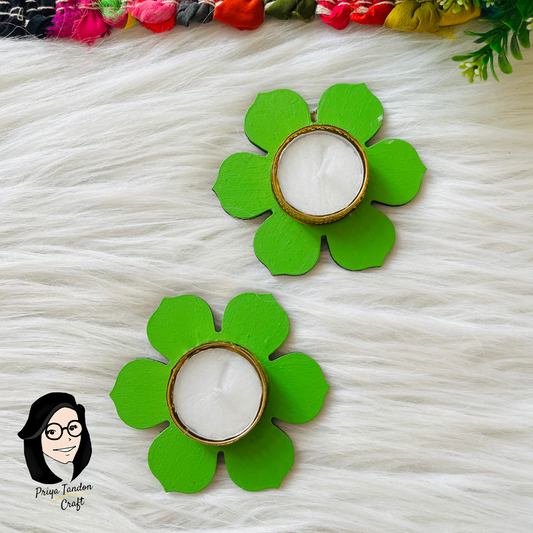 Handcrafted Tea Light Candle Holders (Set of 3) - Green Flower Design