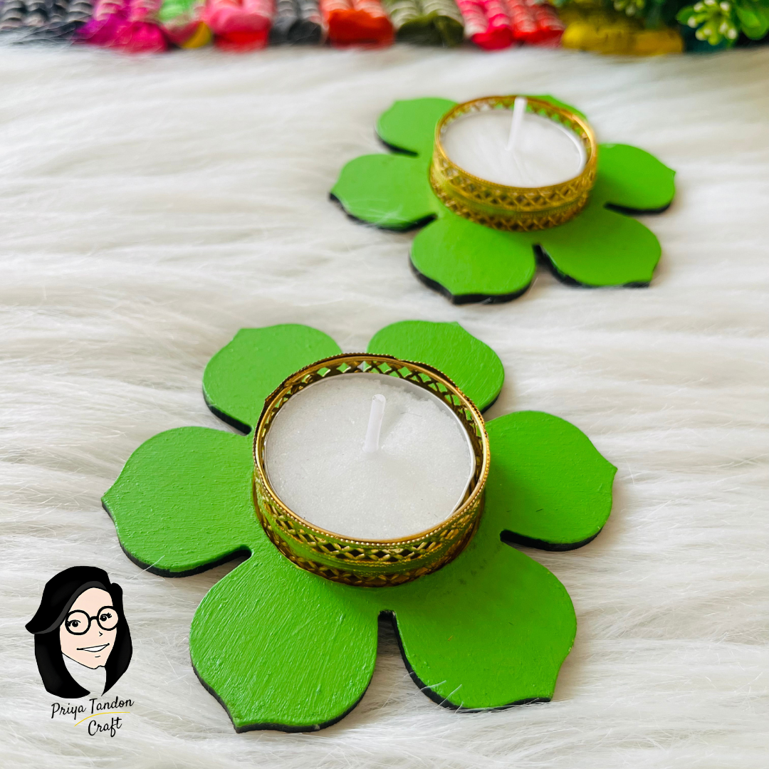 Handcrafted Tea Light Candle Holders (Set of 3) - Green Flower Design