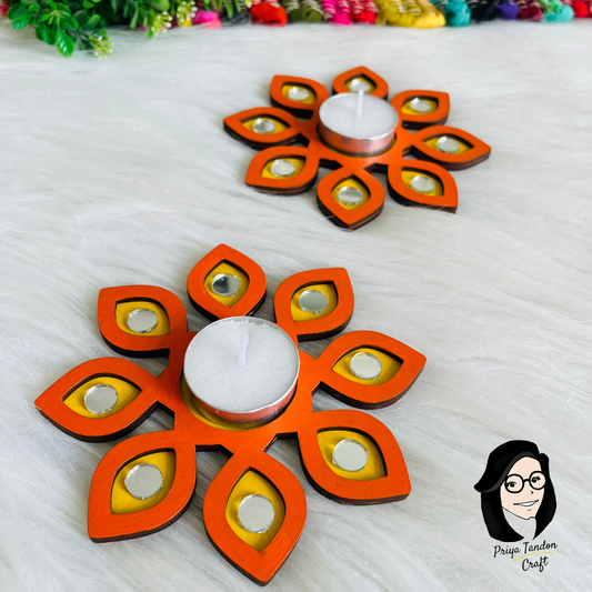 Handcrafted Mirror Work Tea Light Candle Holder (Set of 2) for Diwali
