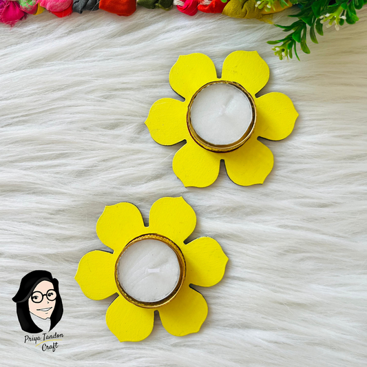 Handcrafted Tea Light Candle Holders (Set of 2) For Diwali - Yellow Flower Design