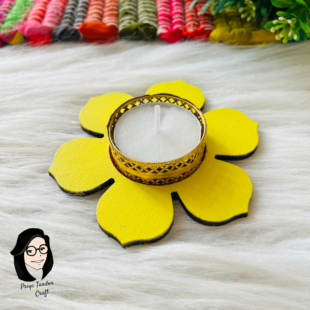 Handcrafted Tea Light Candle Holders (Set of 2) For Diwali - Yellow Flower Design