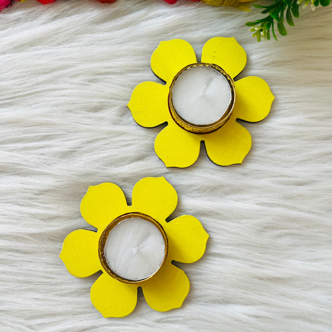 Handcrafted Tea Light Candle Holders (Set of 2) For Diwali - Yellow Flower Design