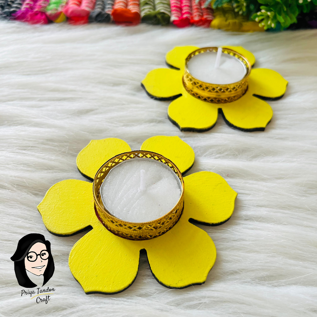 Handcrafted Tea Light Candle Holders (Set of 2) For Diwali - Yellow Flower Design