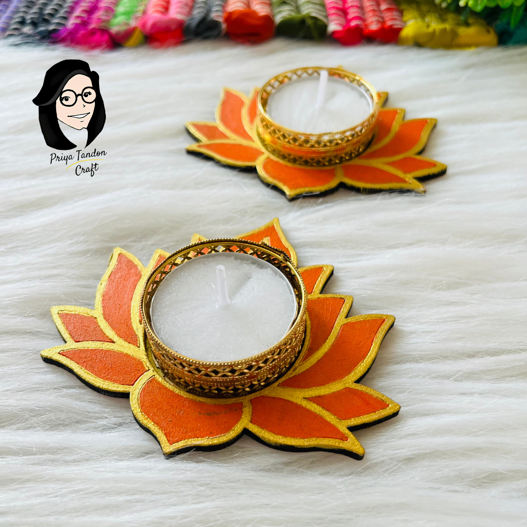 Handcrafted Tea Light Candle Holders (Set of 2) - Orange Lotus Flower