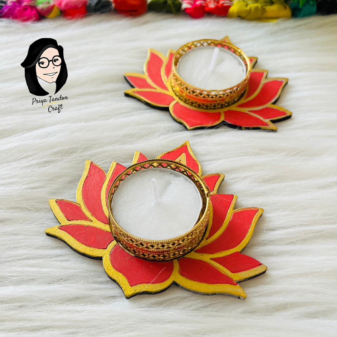 Handcrafted Tea Light Candle Holders (Set of 2) - Pink Lotus Flower