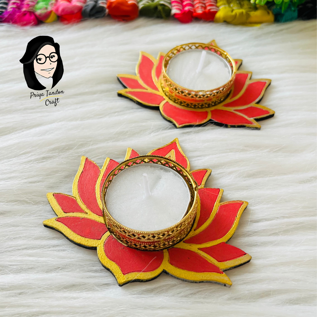 Handcrafted Tea Light Candle Holders (Set of 2) - Pink Lotus Flower