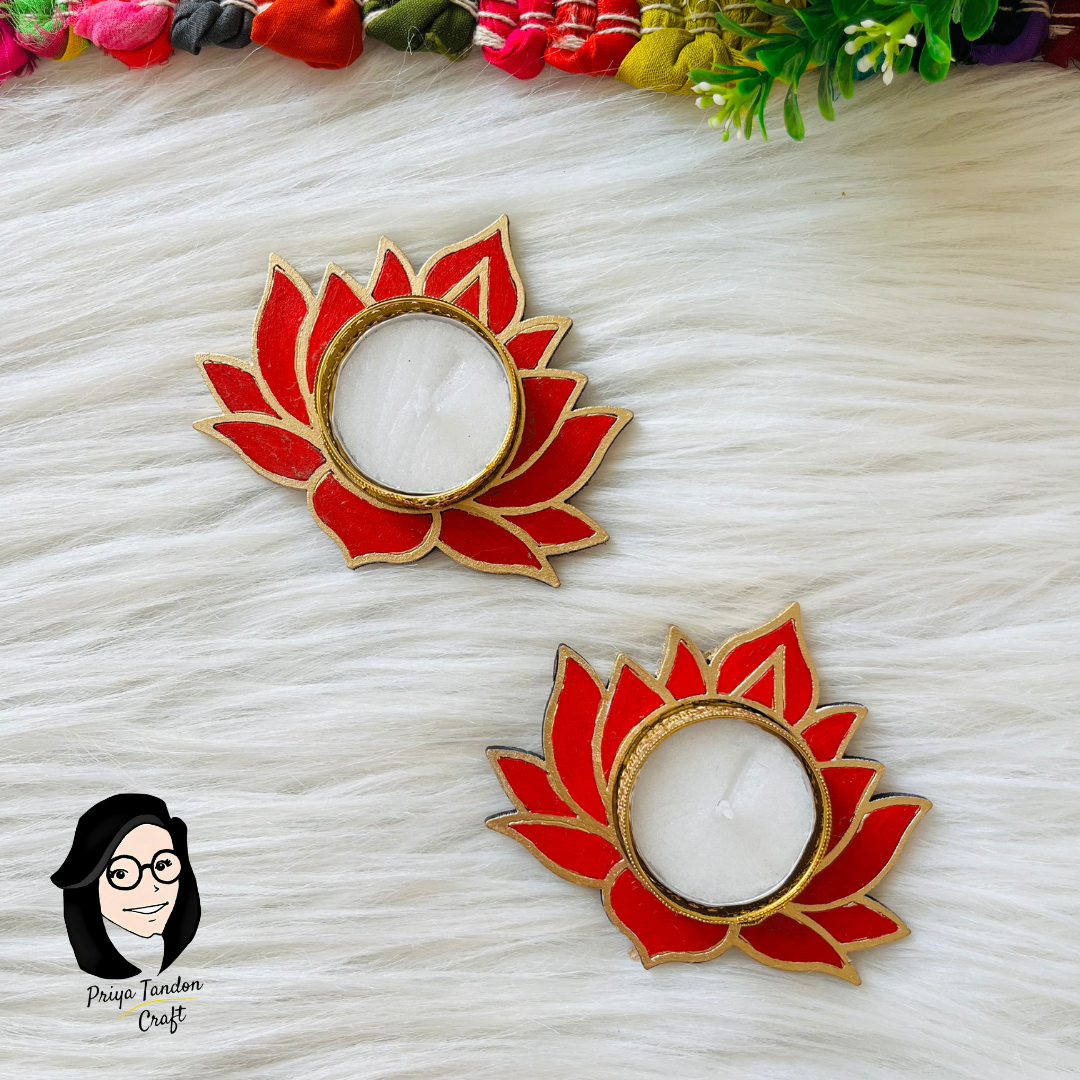 Handcrafted Tea Light Candle Holders (Set of 2) - Red Lotus Flower
