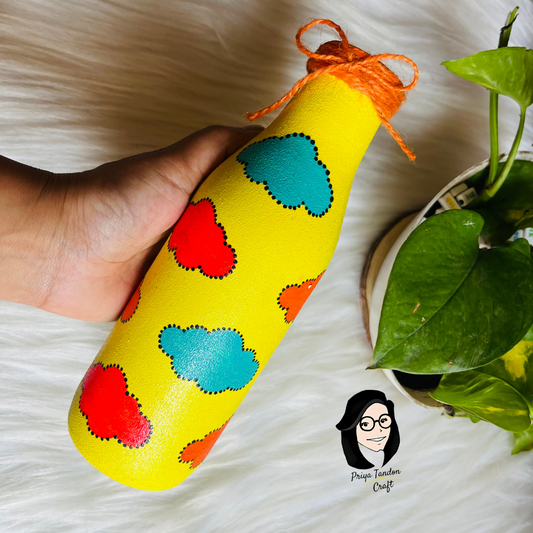 Hand-Painted Glass Bottle - Yellow Colour With Red and Blue Clouds