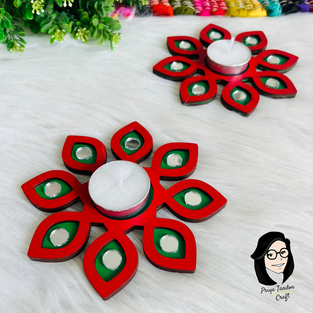 Handcrafted Mirror Work Tea Light Candle Holder (Set of 2)