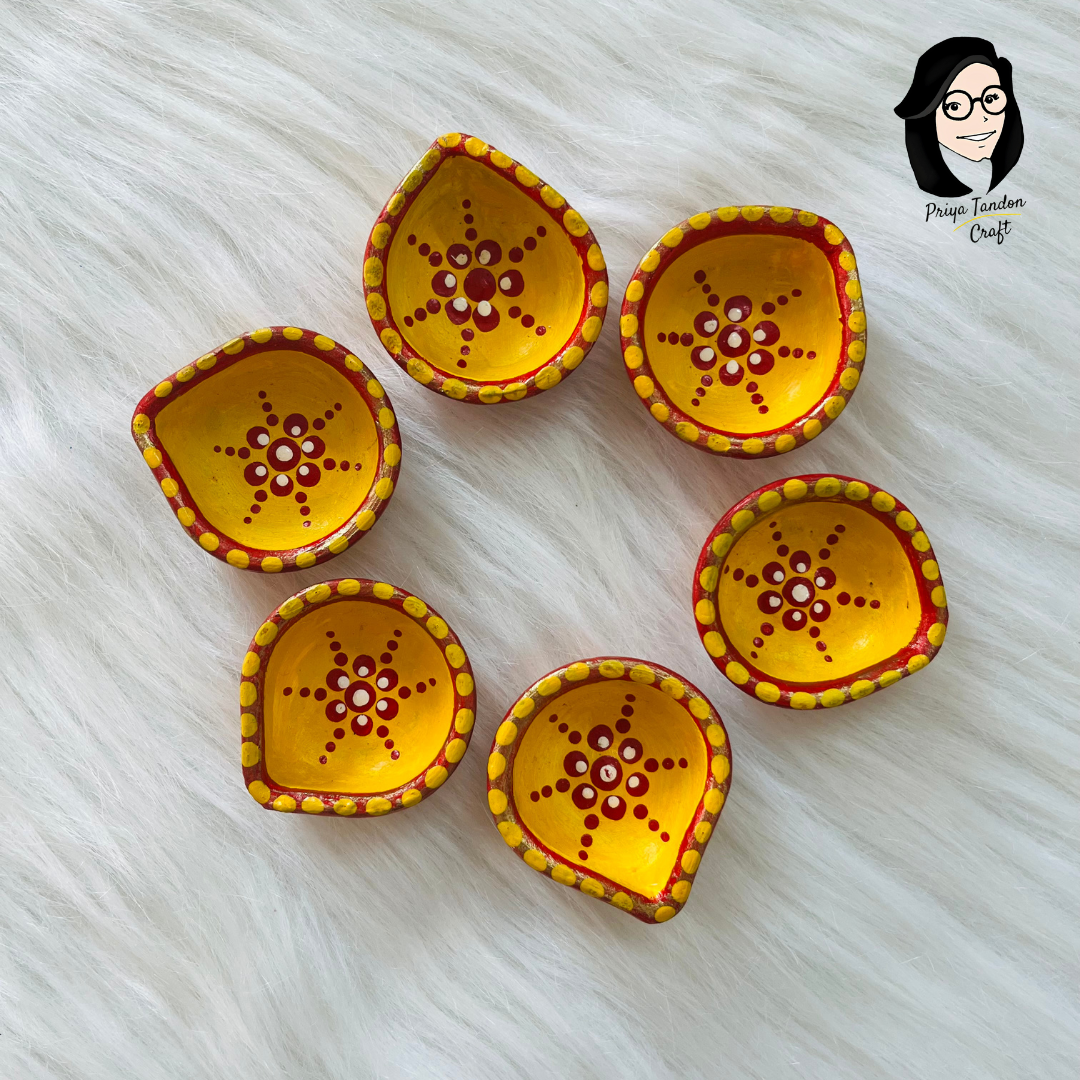 Handmade Diwali Diyas (Set of 6) - Yellow + Red