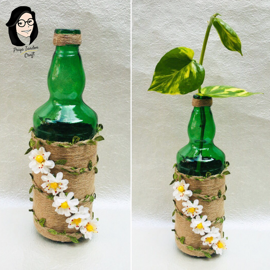 Green Glass Bottle Planter With White Flowers Theme