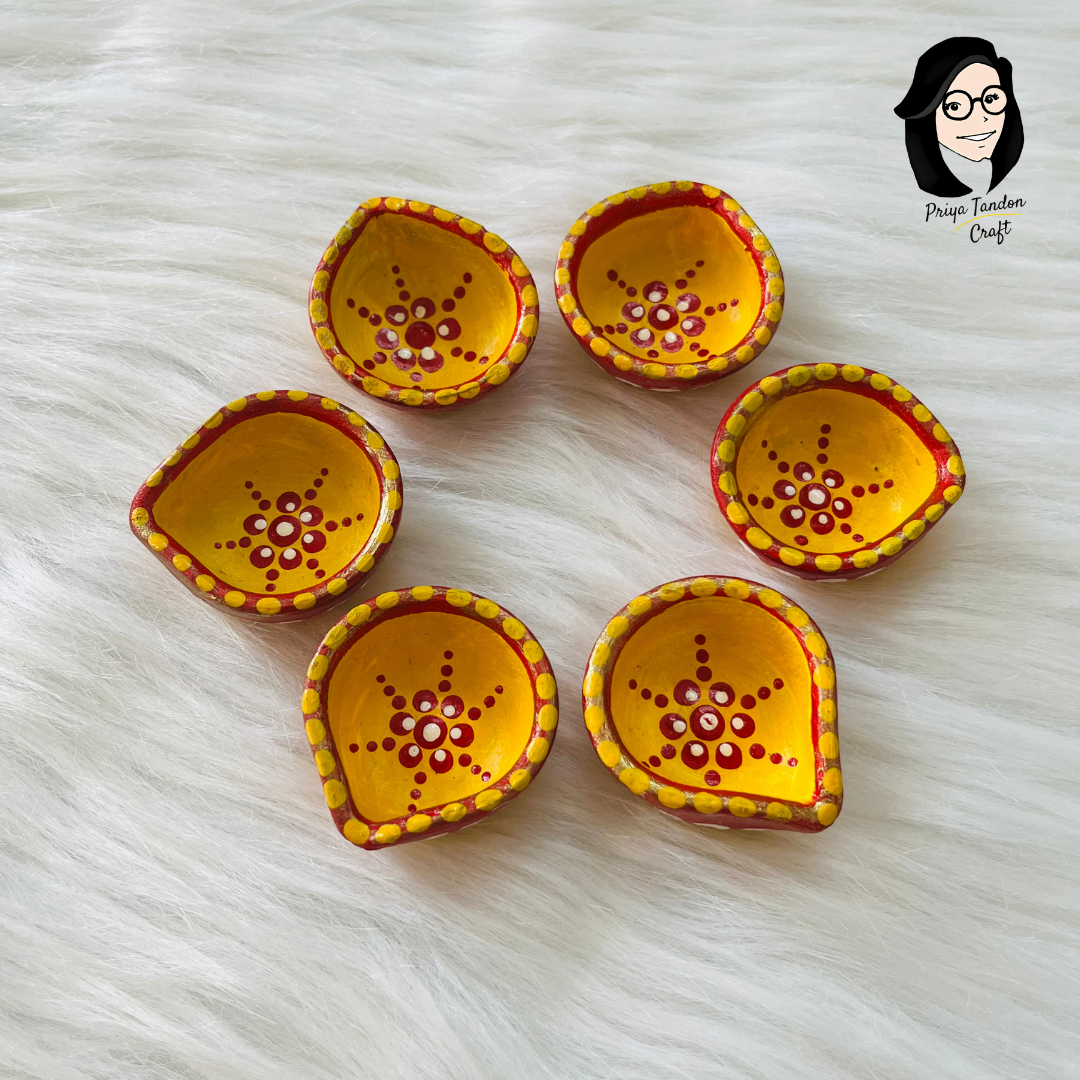 Handmade Diwali Diyas (Set of 6) - Yellow + Red