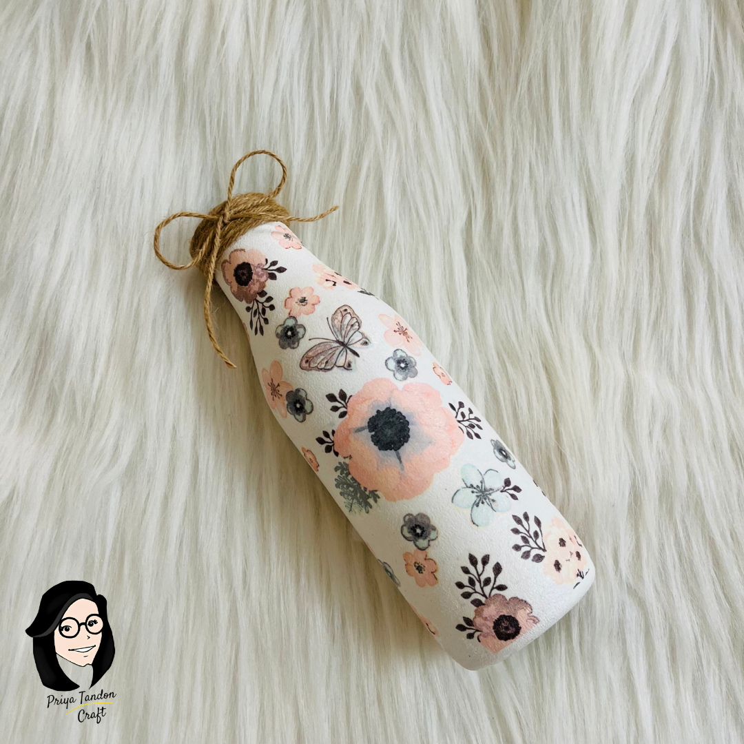 Hand-Painted Bottle - White Base With Flowers & Butterflies