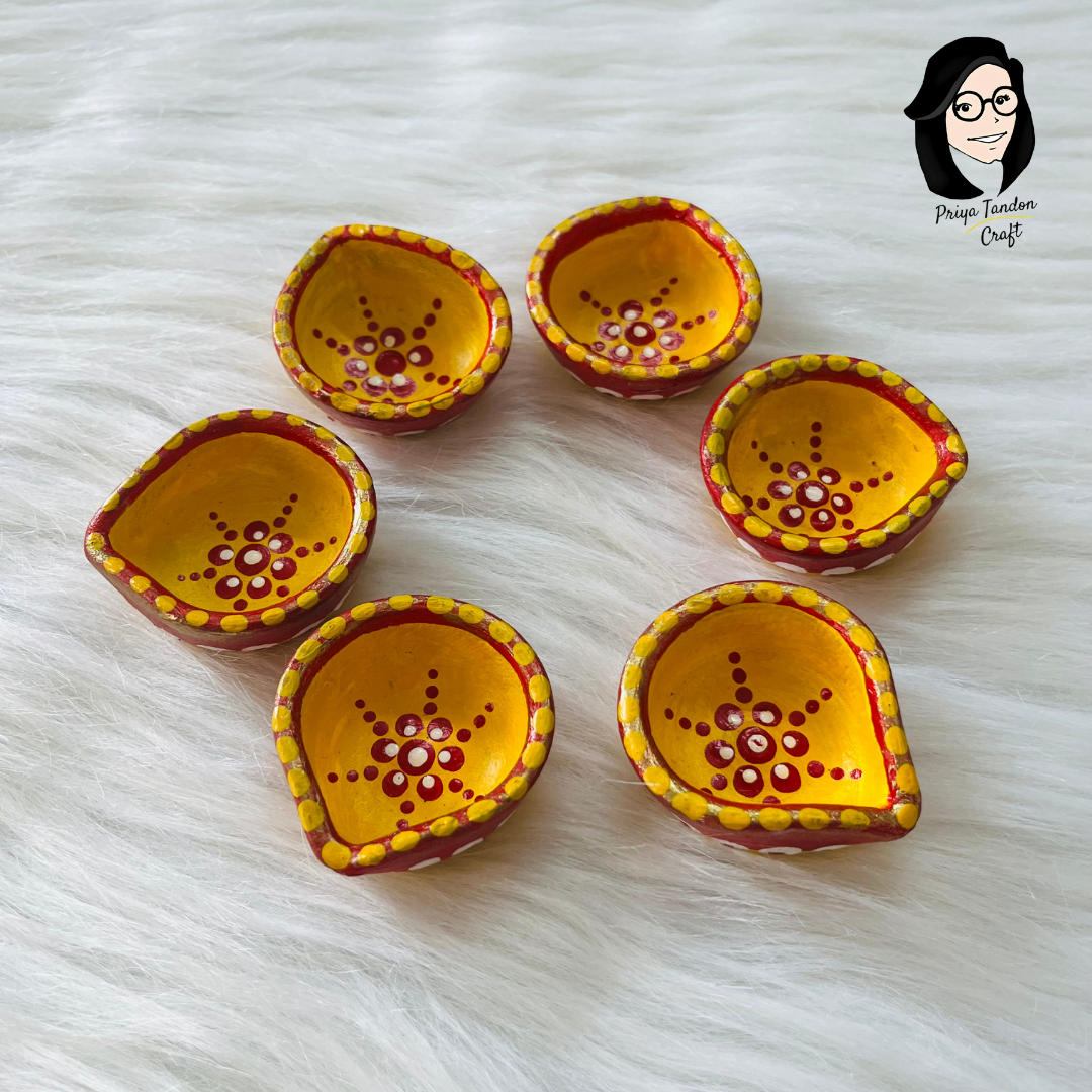 Handmade Diwali Diyas (Set of 6) - Yellow + Red