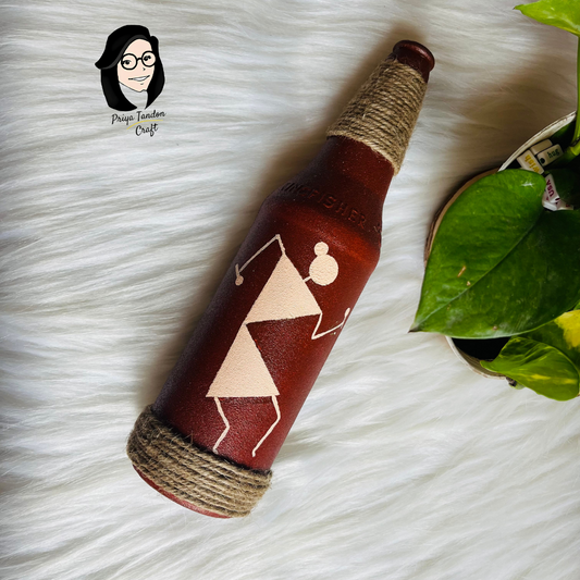 Warli Art On A Glass Bottle - Brown + Beige