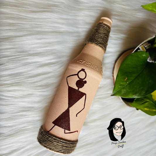 Warli Art On A Glass Bottle - Beige + Dark Brown