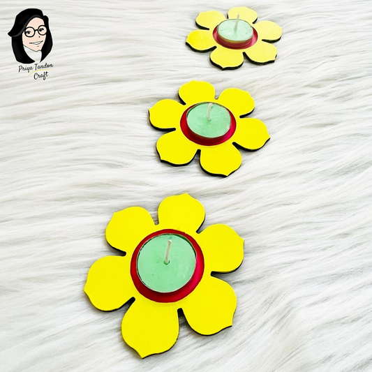 Tea Light Candle Holders (Set of 3) For Diwali - Yellow Flower Design