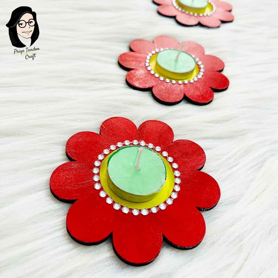 Tea Light Candle Holders (Set of 3) For Diwali - Red Flower Design