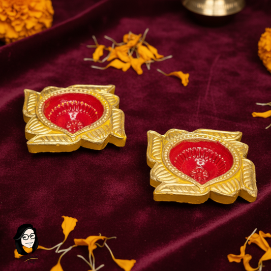 Gold & Red Swastik Diya Set (Pack of 2) for Diwali