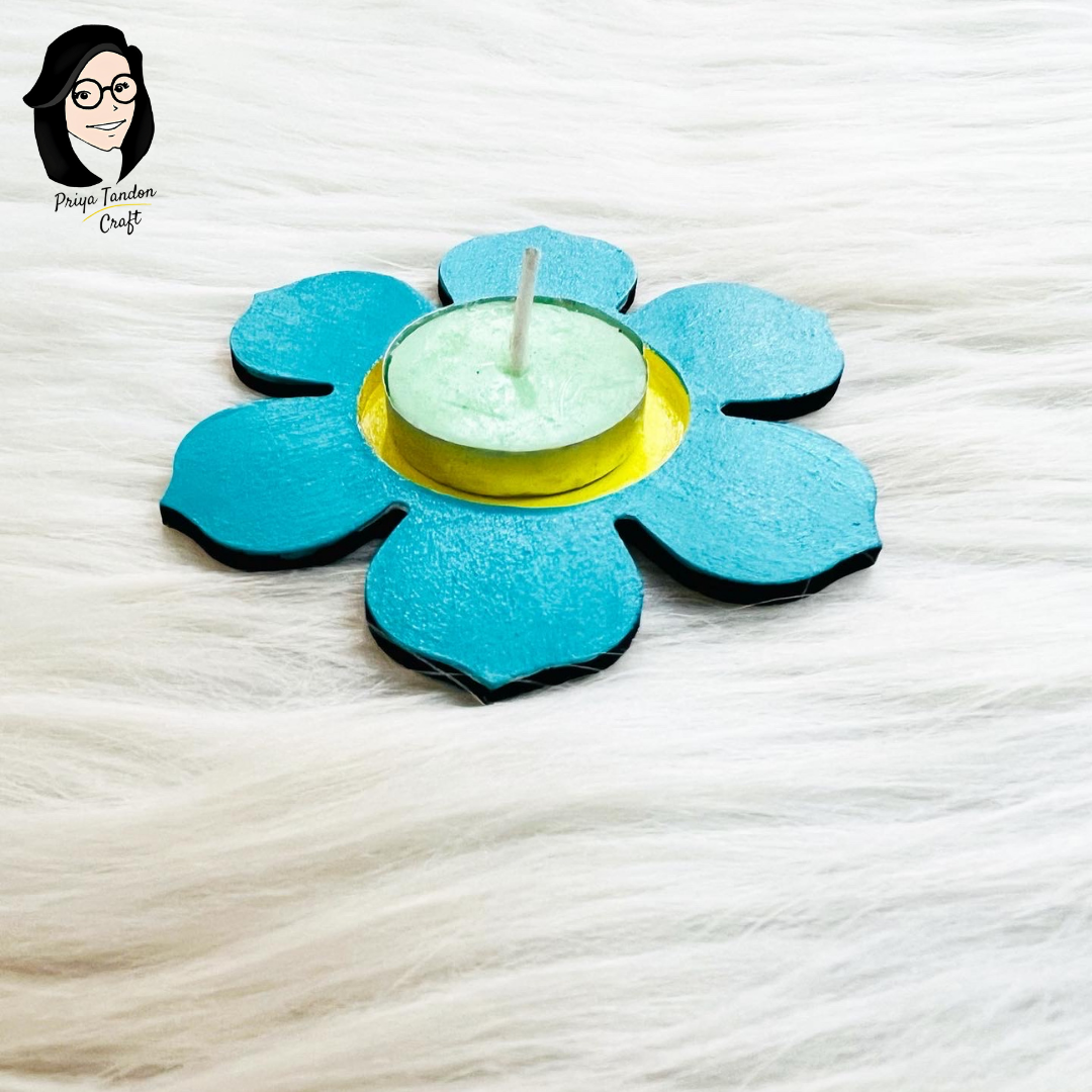 Tea Light Candle Holders (Set of 3) - Blue Flower Design