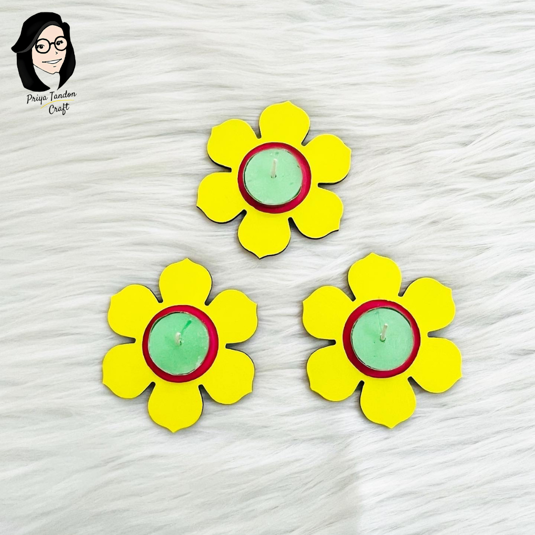 Tea Light Candle Holders (Set of 3) For Diwali - Yellow Flower Design