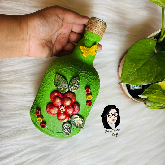 Hand-Painted Glass Bottle - Green Colour With Handmade 3D Design