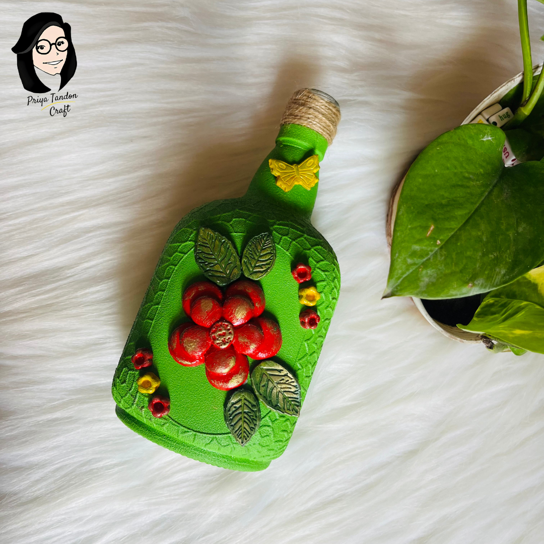 Hand-Painted Glass Bottle - Green Colour With Handmade 3D Design