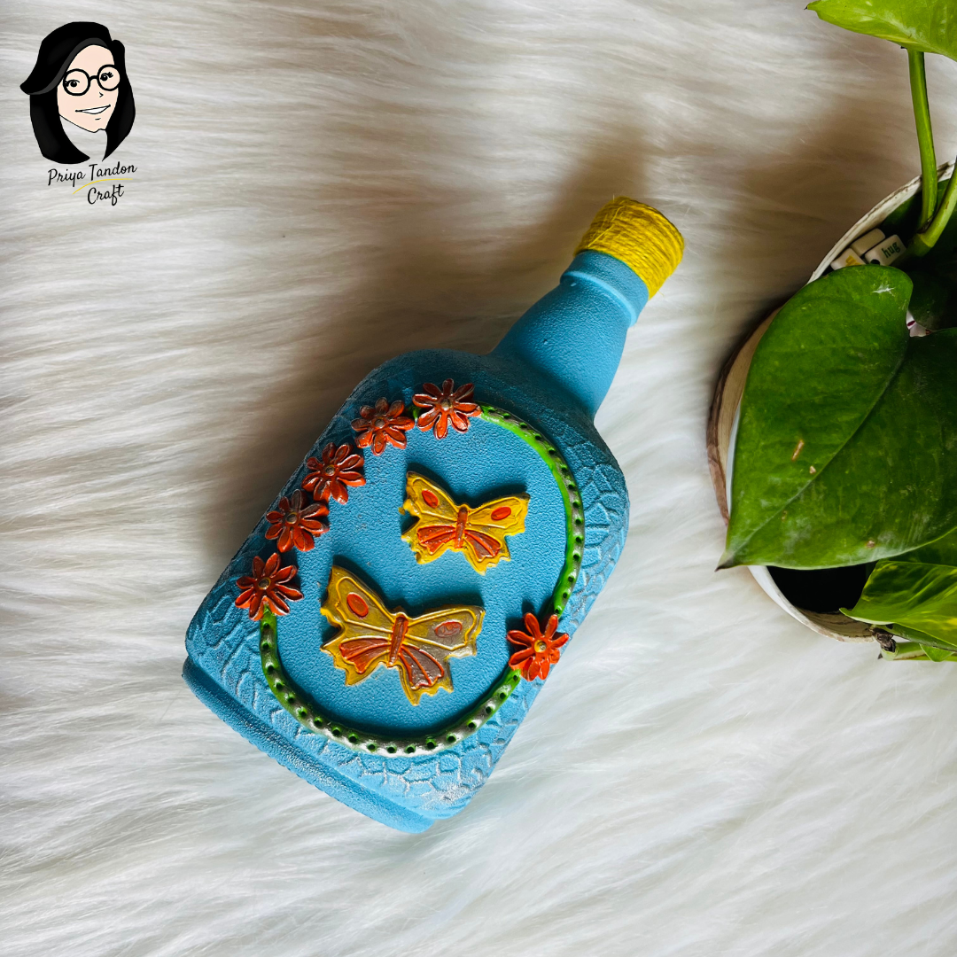 Hand-Painted Glass Bottle - Blue Colour With Handmade 3D Design