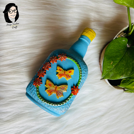 Hand-Painted Glass Bottle - Blue Colour With Handmade 3D Design