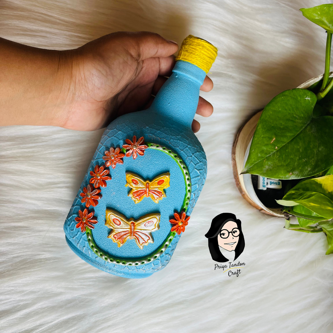 Hand-Painted Glass Bottle - Blue Colour With Handmade 3D Design