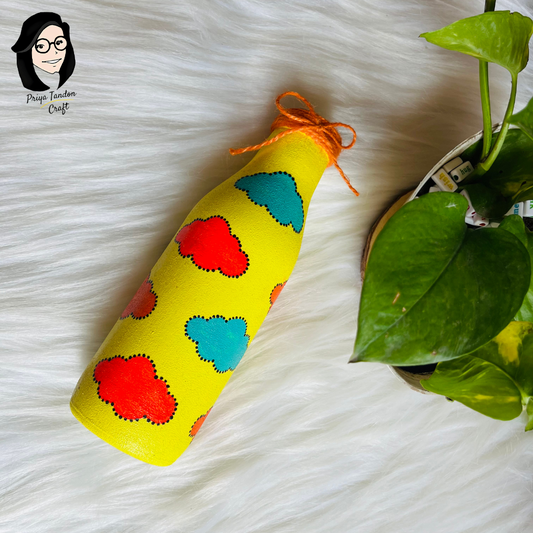 Hand-Painted Glass Bottle - Yellow Colour With Red and Blue Clouds