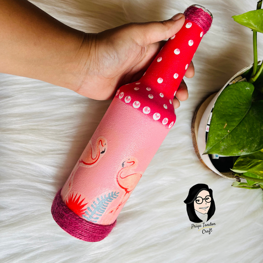 Hand-Painted Glass Bottle - Red and Pink With Flamingo Birds