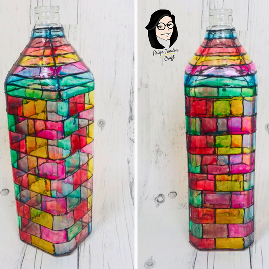 Hand-Painted Glass Bottle With Colourful Square Pattern