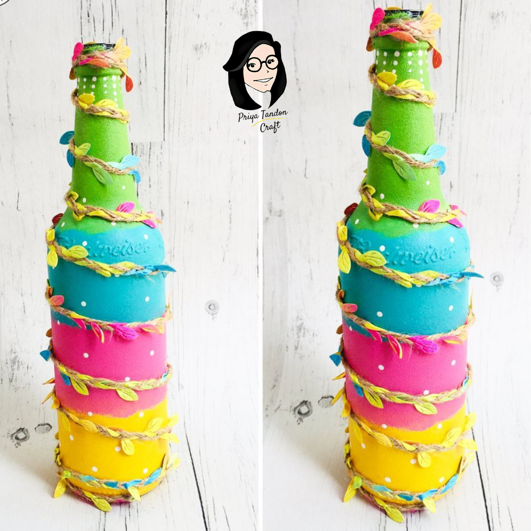 Vibrant Colourful Hand-Painted Bottle Wrapped In Leaf Rope